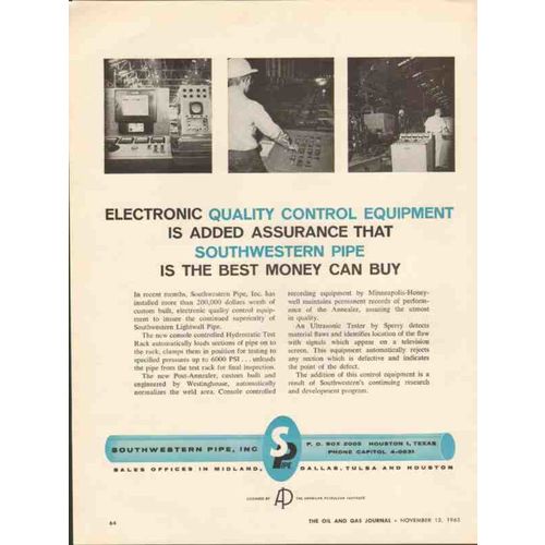 SOUTHWESTERN PIPE INC 1962 best electronic quality control vintage ad