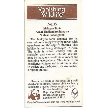Vanishing Wildlife 1978 Brooke Bond Tea Card 15 - Malayan Tapir