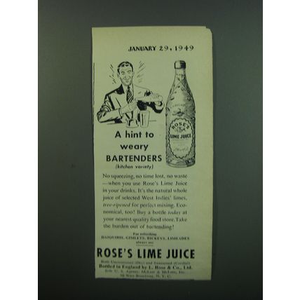 1949 Rose's Lime Juice Ad - A hint to weary bartenders