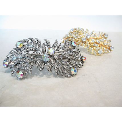 Silver or gold leaf shaped crystal hair barrette clip bridal clip bridal