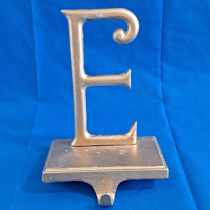 LARGE 8" tall Gold Colored Metal LETTER E Christmas STOCKING HANGER Holder Hook