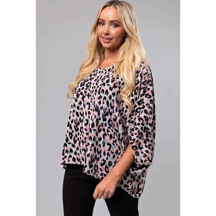 Pink Multicolor Leopard Print V Neck Oversized Blouse