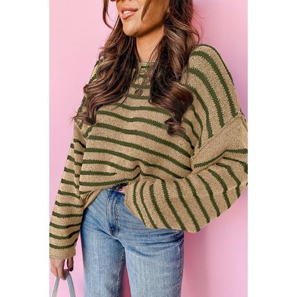 Khaki Stripe Drop Shoulder Casual Sweater