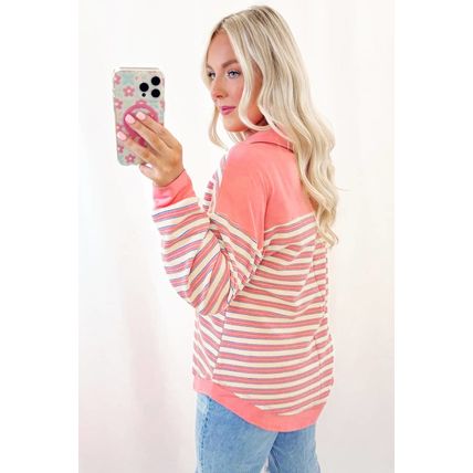 Pink Stripe Buttoned V Neck Collared Drop Shoulder Top