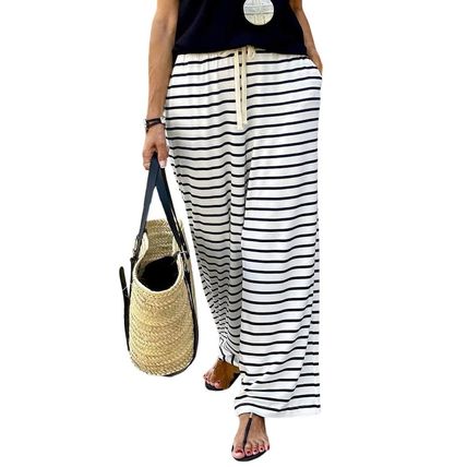White Drawstring Striped Wide Leg Pants