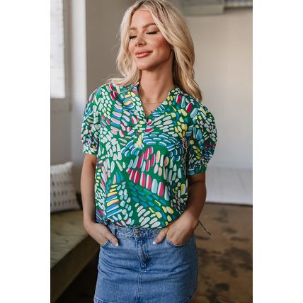 Green Brushwork Geometric Print Puff Sleeve Notched Neck Blouse
