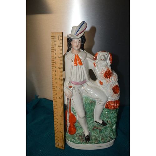 staffordshire flatback figure musician with spaniel dog 19th century