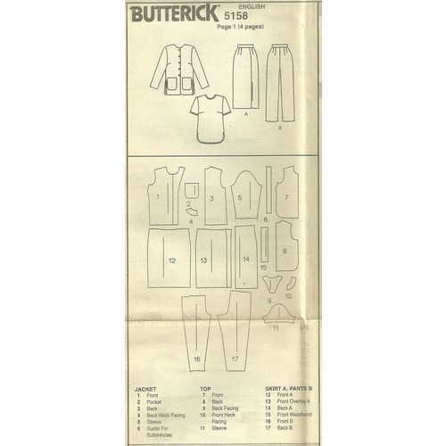 Butterick 5158 Sewing Pattern Women's Jacket Top Skirt Pants Size 20W 22W 24W