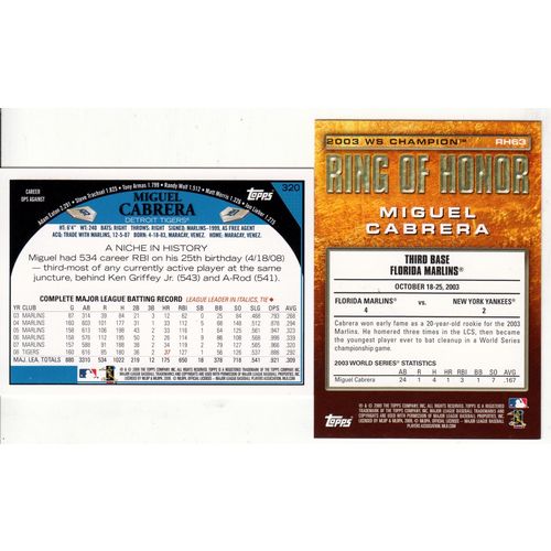 Miguel Cabrera TWO lot 2009 Topps- Ring of Honor insert RH63 & base card #320