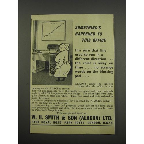 1957 W.H. Smith Alacra system Ad - something's happened to this office