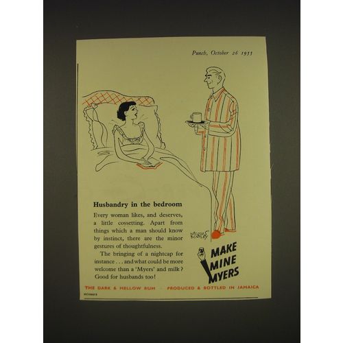 1955 Myers Rum Ad - art by Nicolas Bentley - Husbandry in the bedroom