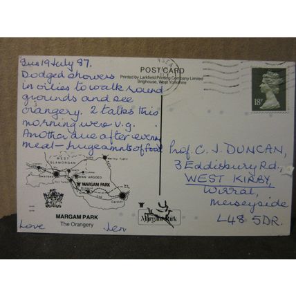 THE ORANGERY, MARGAM PARK, PORT TALBOT, WALES used postcard 1987 pm =