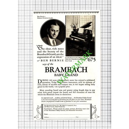 Ben Bernie Orchestra Leader Brambach Piano Co USA Advert - 1929 Cutting