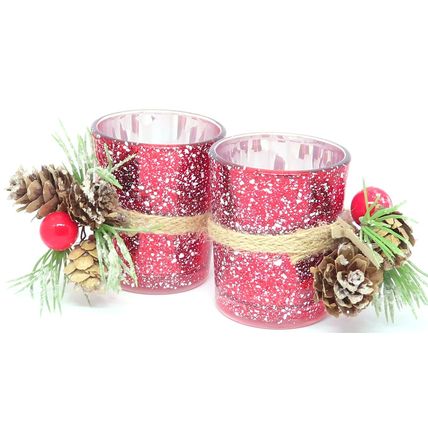 Christmas Red Glass Tea Light Holders with Winter Berry & Cone Decoration 6.5 CM