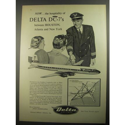 1956 Delta Airlines Ad - Now.. the hospitality of Delta DC-7's between Houston