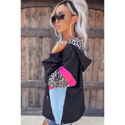 Black Leopard Color Block Pockets Zip-up Hooded Jacket