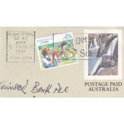 Rushcutters Bay NSW postmark+slogan Australia 1991 on cricket 70c + cut out VGC