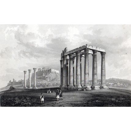 TEMPLE OF JUPITER OLYMPIAS, ATHENS 1842 Johann Wolfensberger ANTIQUE ENGRAVING