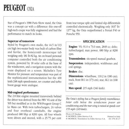 Collectors Club card. Classic Cars. Peugeot Oxia