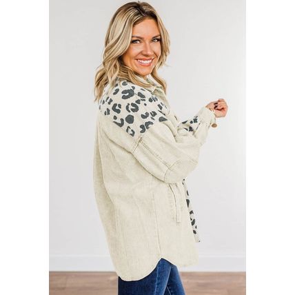 Apricot Leopard Print Detail Pocketed Corduroy Jacket
