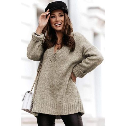 Gray V neck Drop Shoulder Knitted Sweater