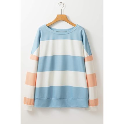 Light Blue Colorblock Striped Drop Shoulder Long Sleeve Top