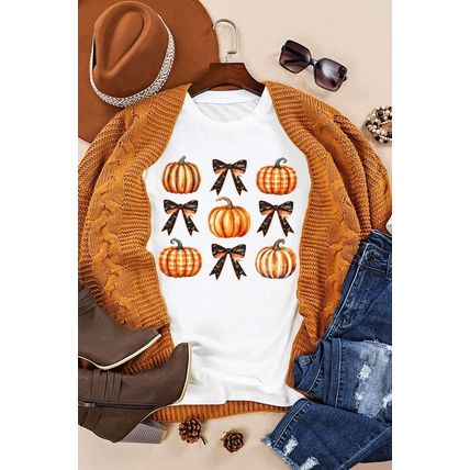 White Halloween Pumpkin Bow Knot Print Crew Neck Tee
