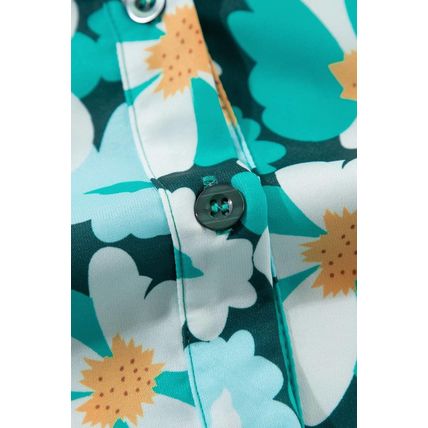 Green Floral Tiered Long Puff Sleeve Shirt Dress