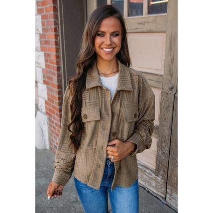 Dark Khaki Textured Chest Pocket Button-up Shacket