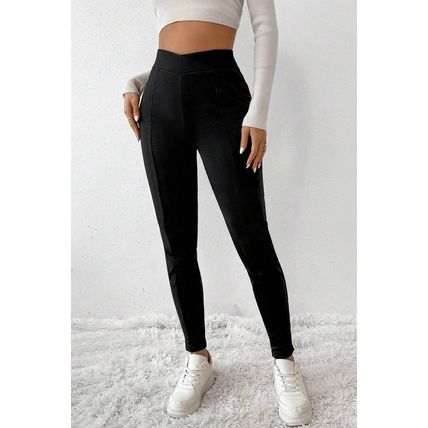 Black Crossed Waist Seamed Leg Thermal Leggings