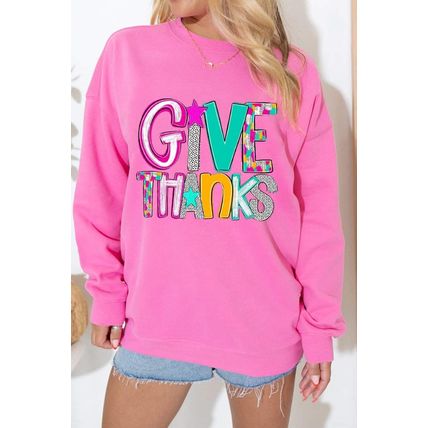 Bonbon GIVE THANKS Graphic Drop Shoulder Thanksgiving Pullover Sweatshirt