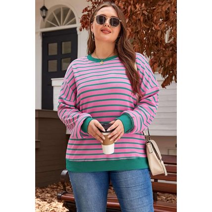 Pink Stripe Waffle Knit Crew Neck Plus Size Sweatshirt