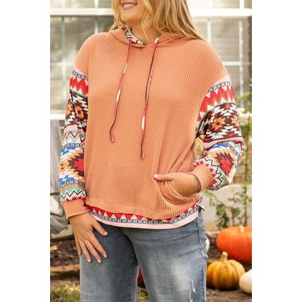 Khaki Aztec Patchwork Waffle Knit Plus Size Hoodie