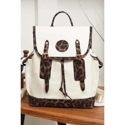 White Leopard Patchwork Flap PU Leather Large Backpack