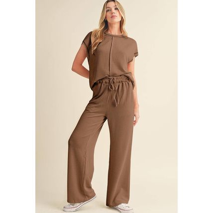 Coffee Solid Color Corded Short Sleeve Top and Casual Pants Set