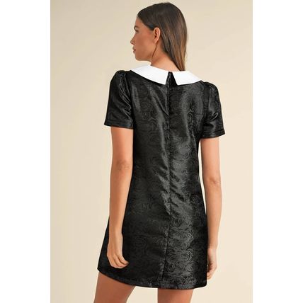 Black Floral Embossed Puff Sleeve Colorblock Bow Collared Mini Dress