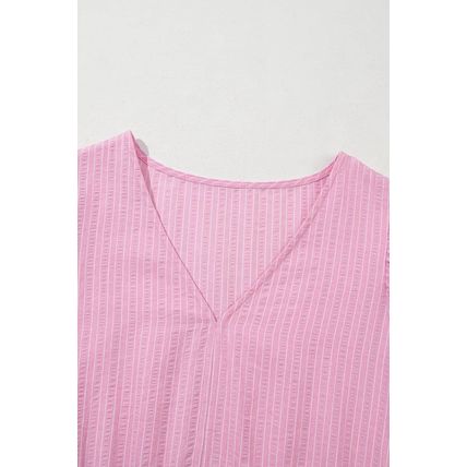 Pink Stripe V Neck Puff Short Sleeve Maxi Dress