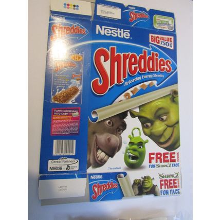 Nestle 2004 Shreddies Shrek2 Cereal Box & 7 Fun Faces Sealed , empty box