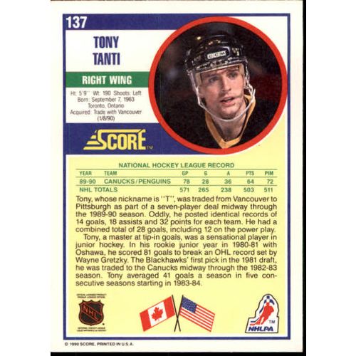 1990/91 Score Hockey Tony Tanti