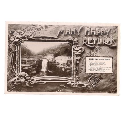 MANY HAPPY RETURNS, BIRTHDAY .. used antique postcard RP 1910 postmark