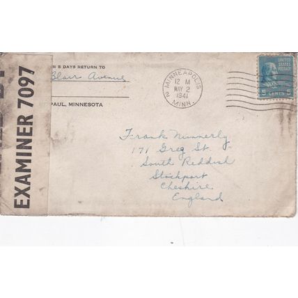 United States 1941 Minneapolis to Stockport Opened by Examiner 7097 Cover VGC