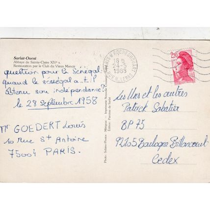 Sarlat Ouest Abbaye Sainte Claire France Postcard 1988 used VGC