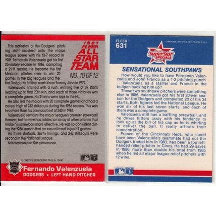 Two 1987 Fleer Fernando Valenzuela cards #631, All Star Team insert #10