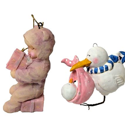 Pink Baby Girl Packages Stork w/Baby Girl Stork Christmas Ornament Lot of 2