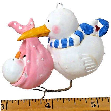 Pink Baby Girl Packages Stork w/Baby Girl Stork Christmas Ornament Lot of 2