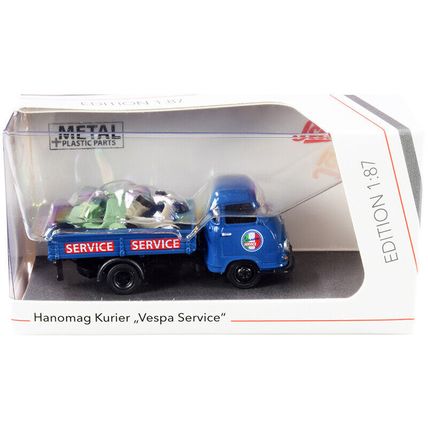Hanomag Kurier Transporter "Vespa Service" Blue with 2 Vespas (Green and Crea...