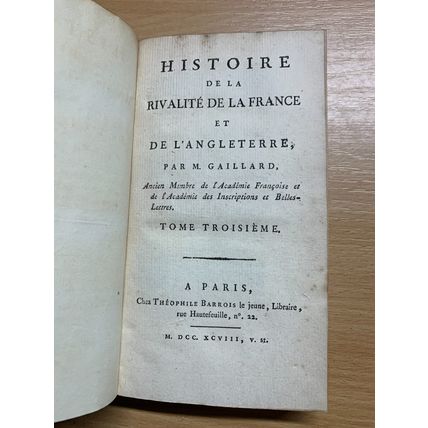 RARE* 1798 HISTOIRE DE LA RIVALITE FRANCE & ANGLETERRE VOL 3 ANTIQUE BOOK (P3)