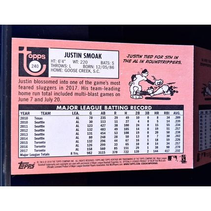 JUSTIN SMOAK 2018 TOPPS HERITAGE BASEBALL CARD #240