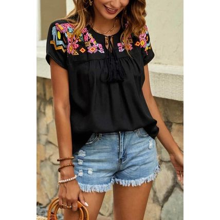Black Geometric Floret Embroidered Short Sleeve Blouse