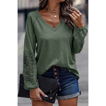Green Crochet Lace Patch Raglan Sleeve Top